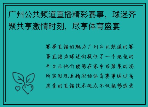 广州公共频道直播精彩赛事，球迷齐聚共享激情时刻，尽享体育盛宴