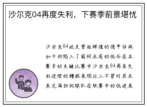 沙尔克04再度失利，下赛季前景堪忧